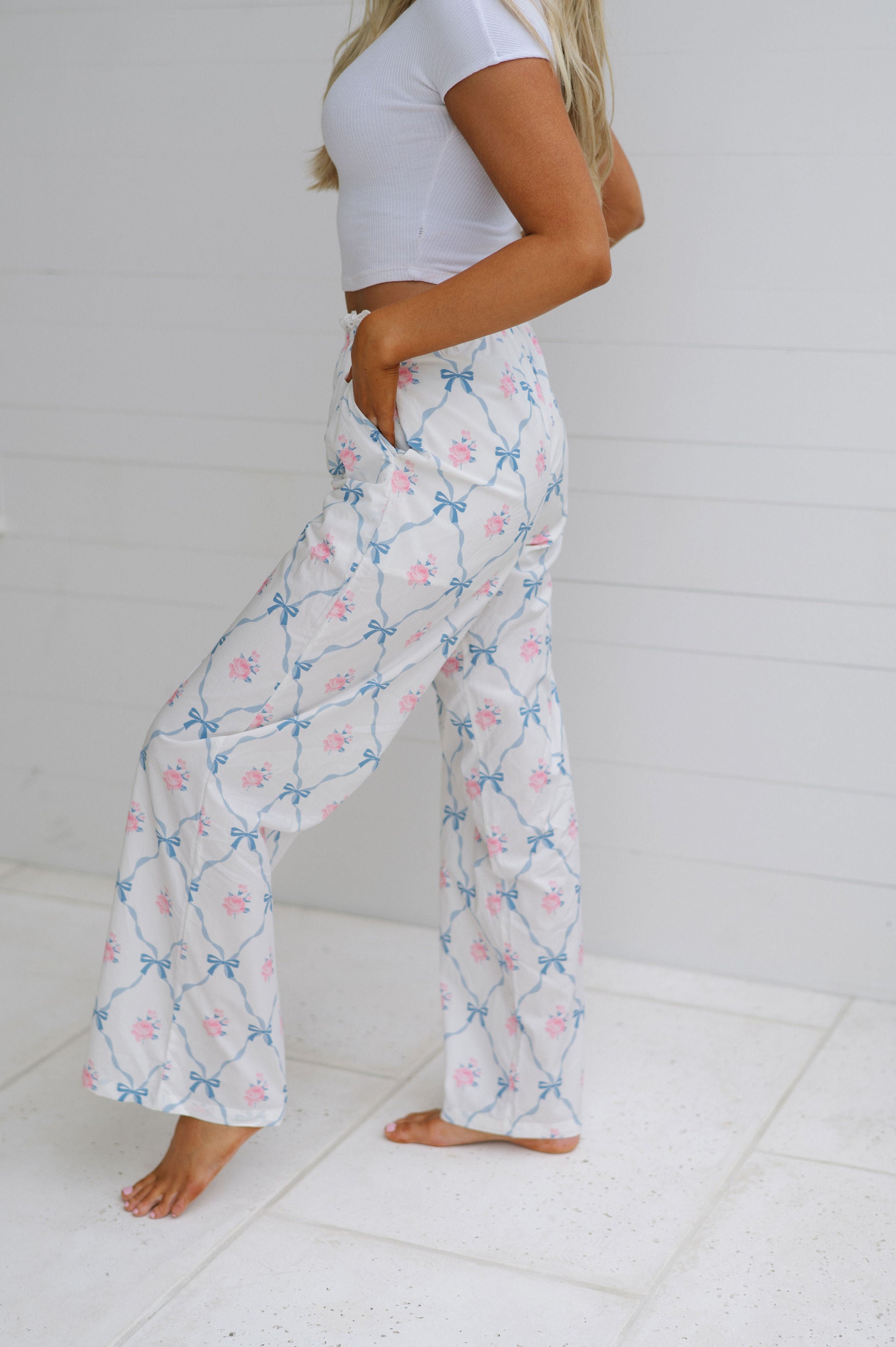 Rose Bow Pajama Pants-White