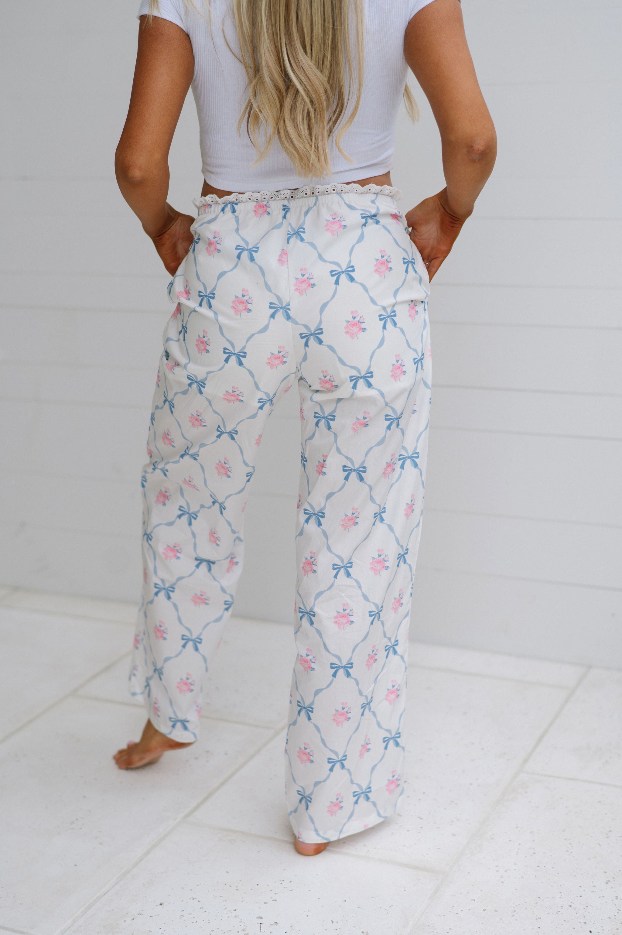 Rose Bow Pajama Pants-White