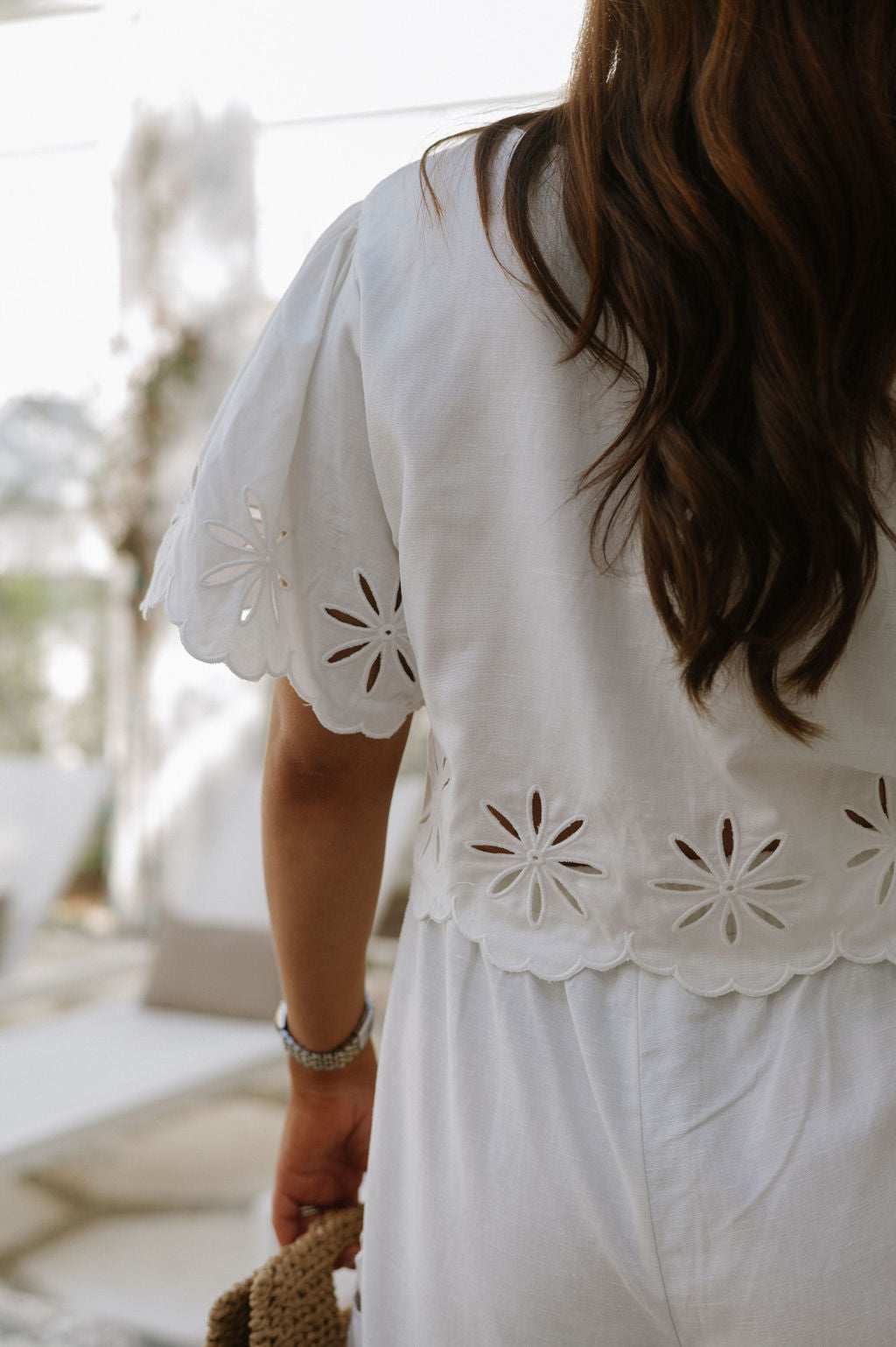 Linen Cut Out Embroidered Set- Off White