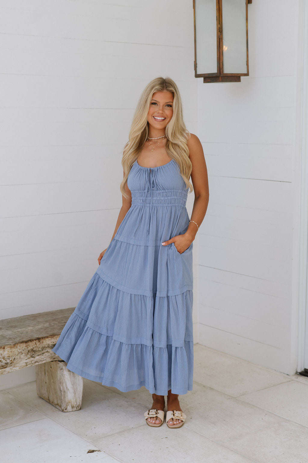 Hunter Tiered Midi Dress-Light Blue