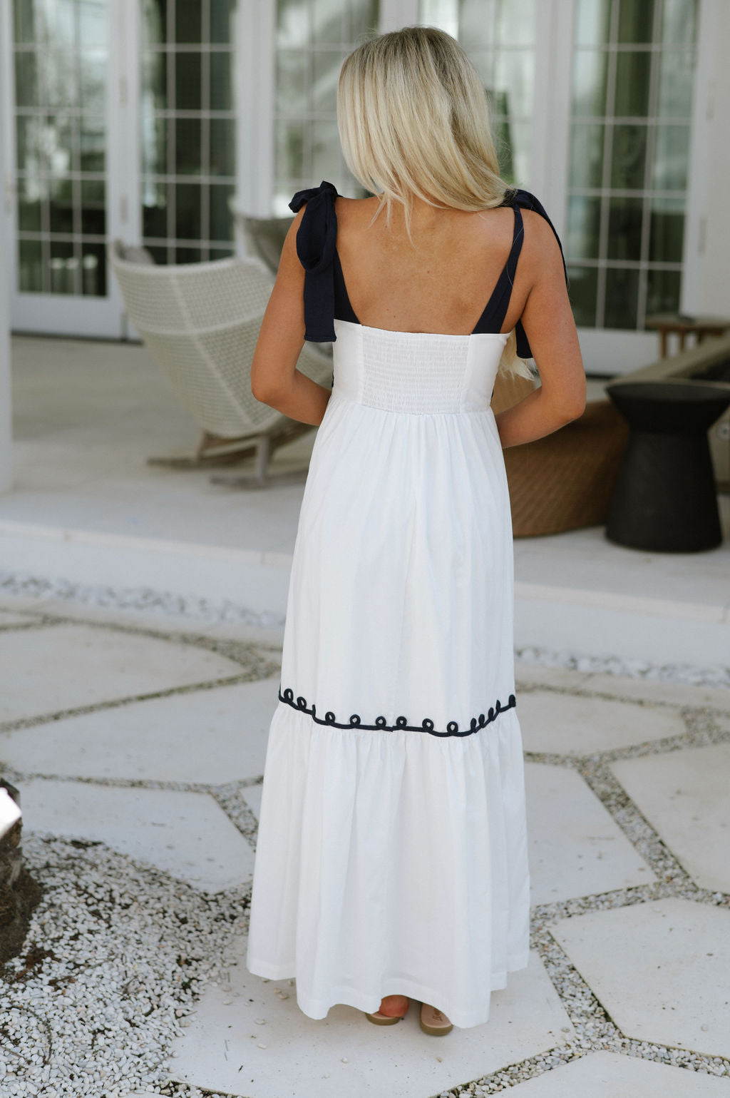 Embroidered Shoulder Tie Maxi Dress-Ivory/Navy