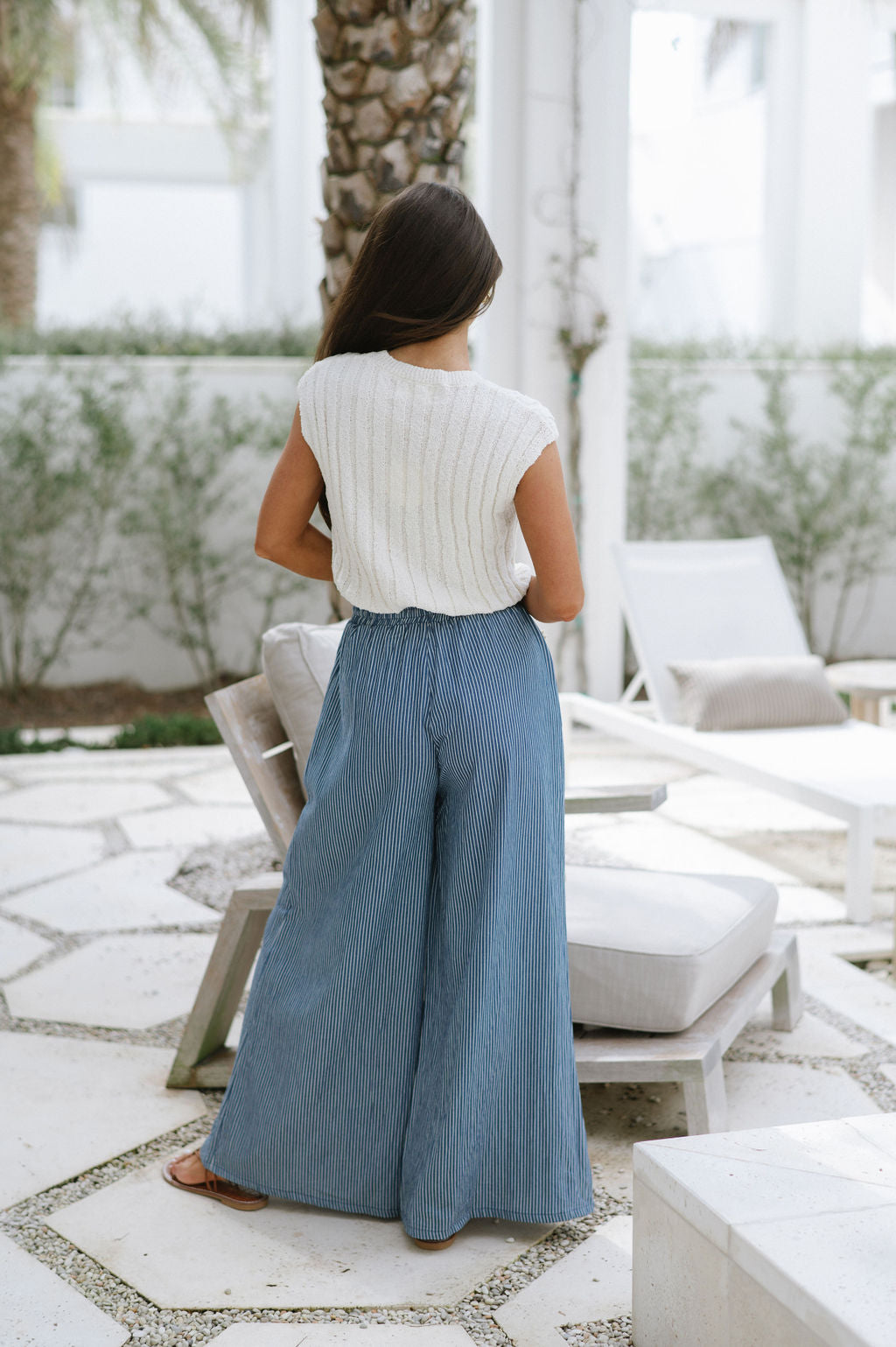 Wide Leg Striped Pants-Washed Denim