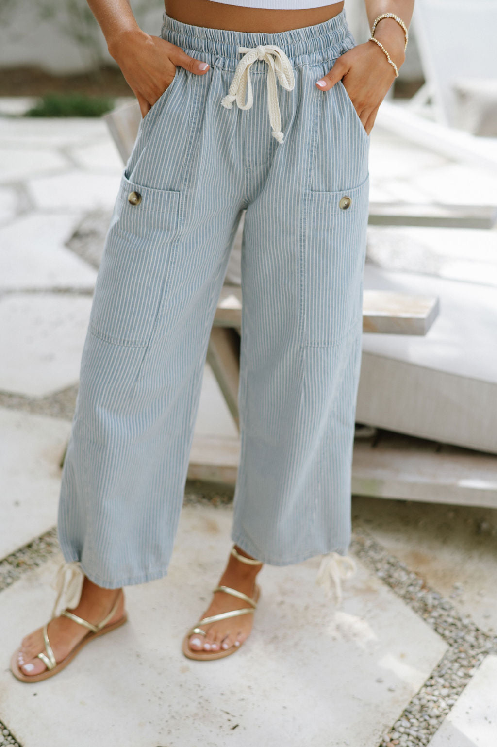 Striped Boho Front Pocket Pants-Blue