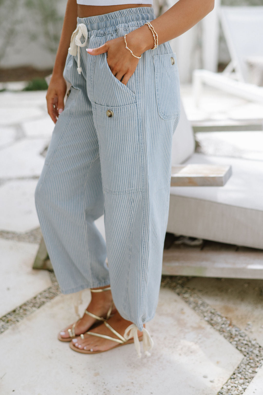 Striped Boho Front Pocket Pants-Blue