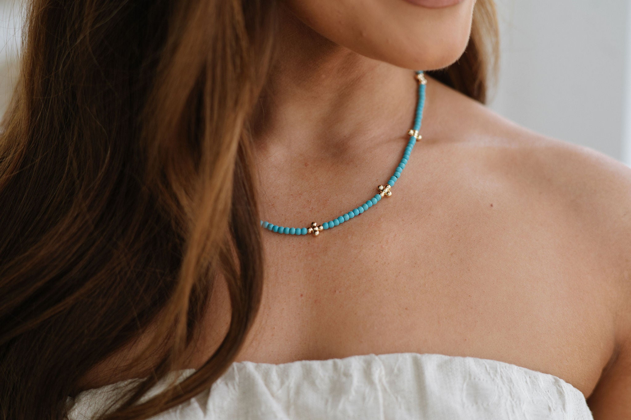 Stone and Cross Necklace- Turquoise/Gold