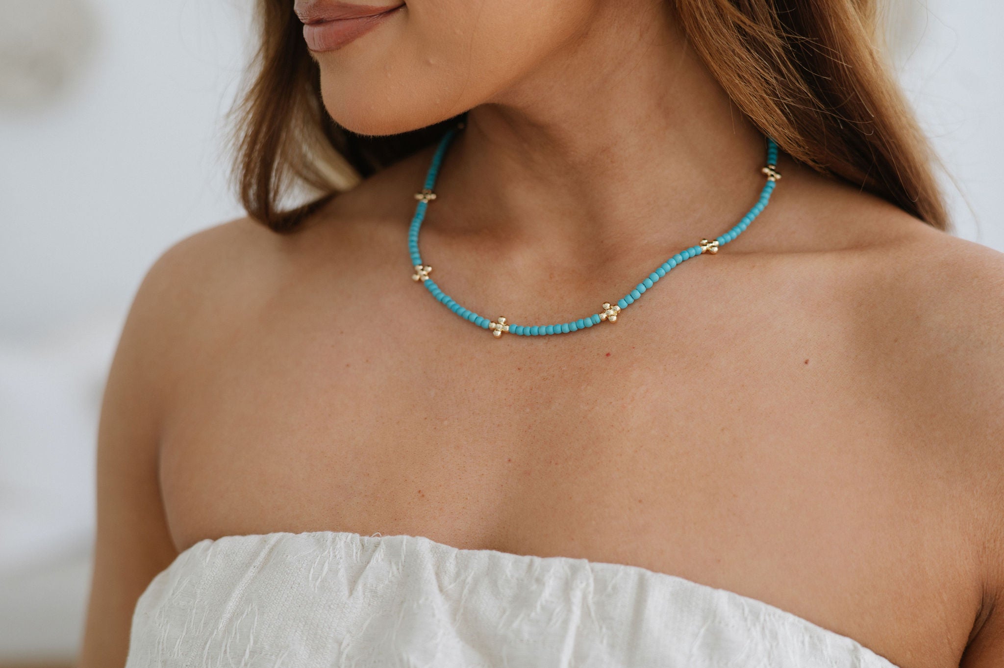 Stone and Cross Necklace- Turquoise/Gold