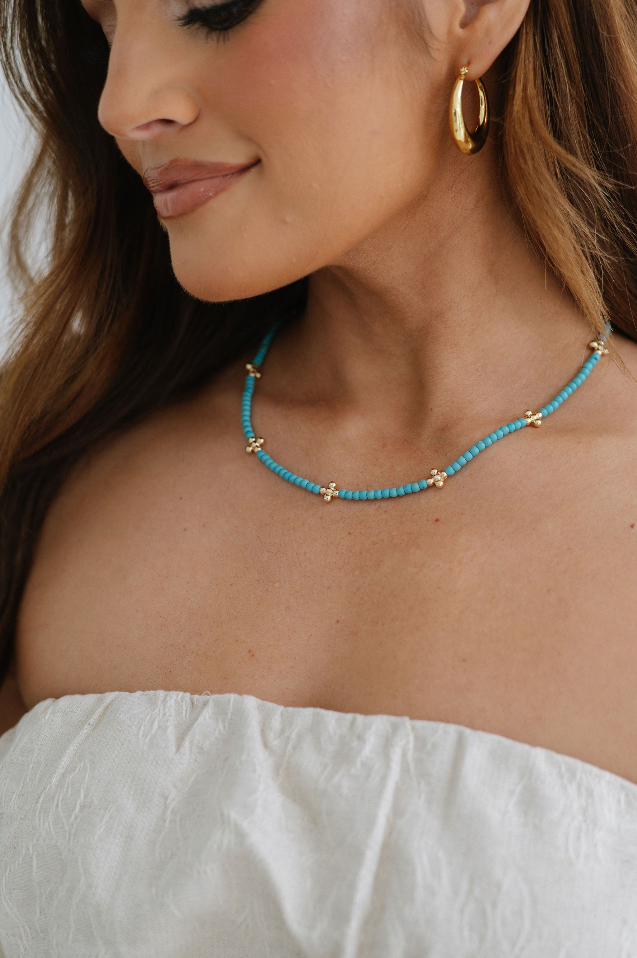 Stone and Cross Necklace- Turquoise/Gold