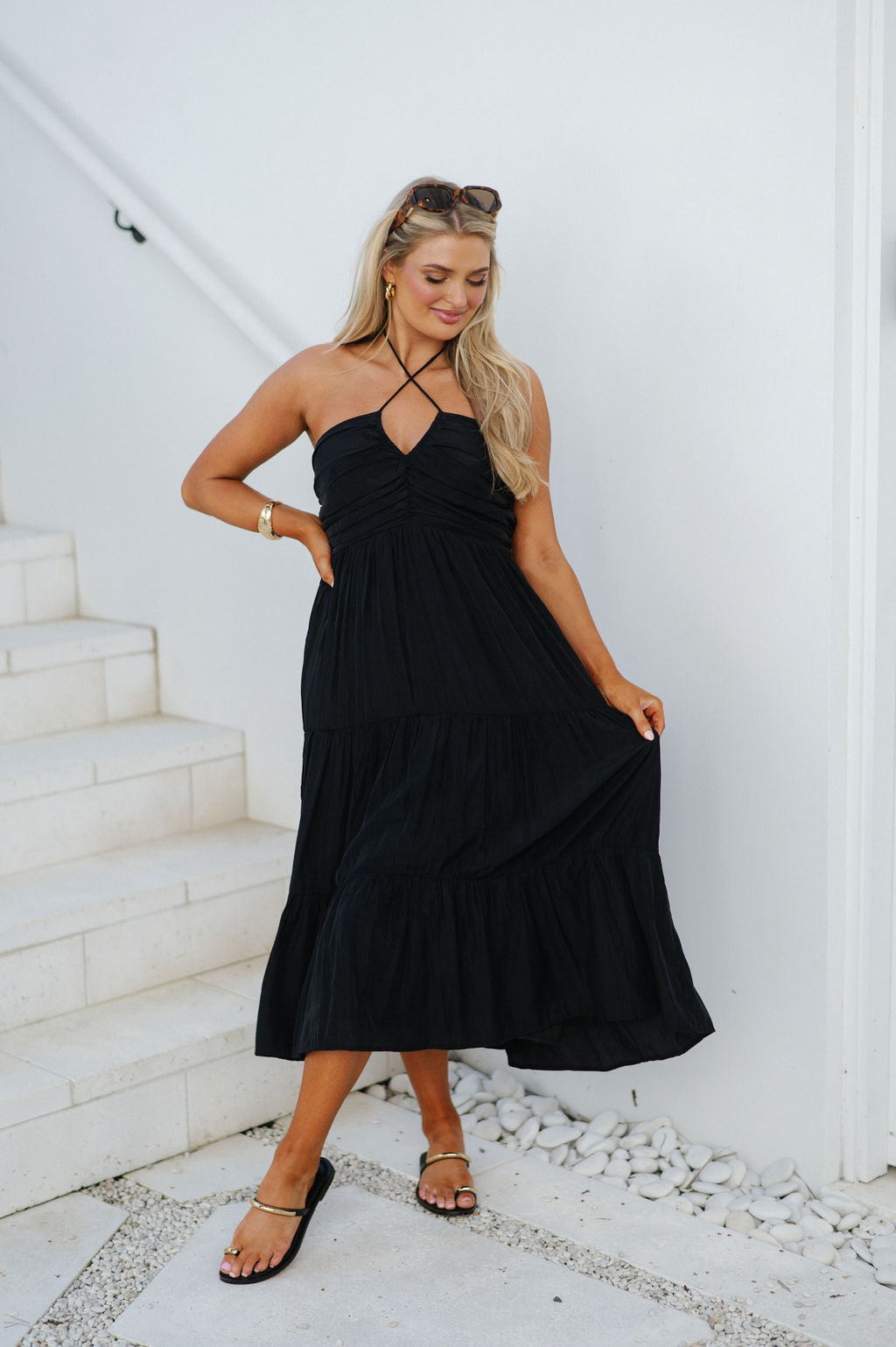 Halter Ruched Midi Dress-Black