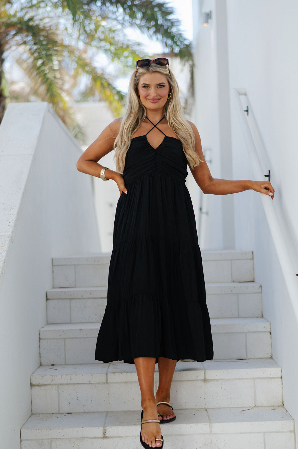 Halter Ruched Midi Dress-Black