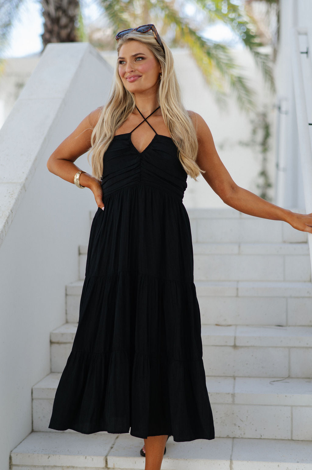 Halter Ruched Midi Dress-Black