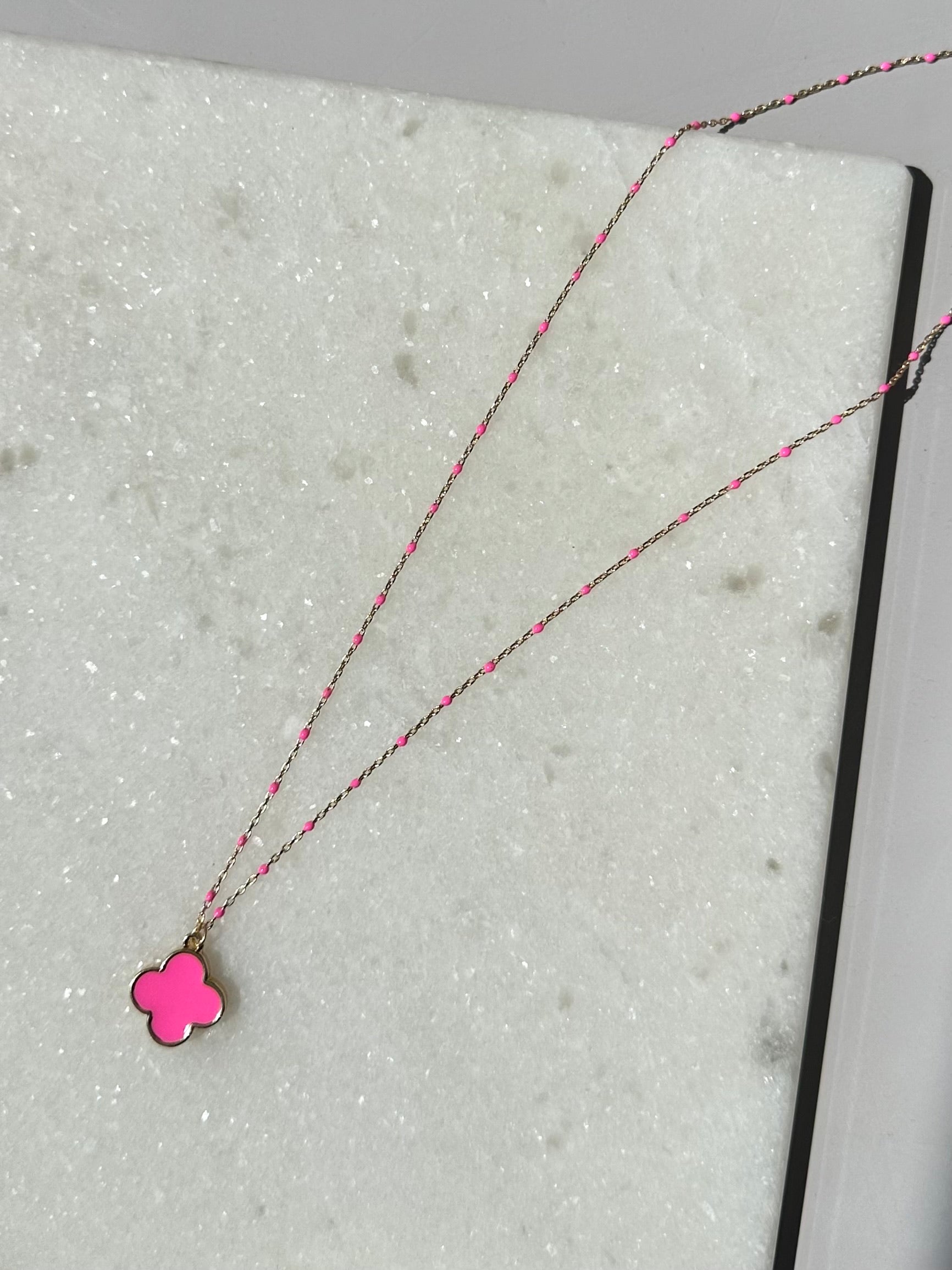 Clover Chain Detail Necklace- Gold/Pink