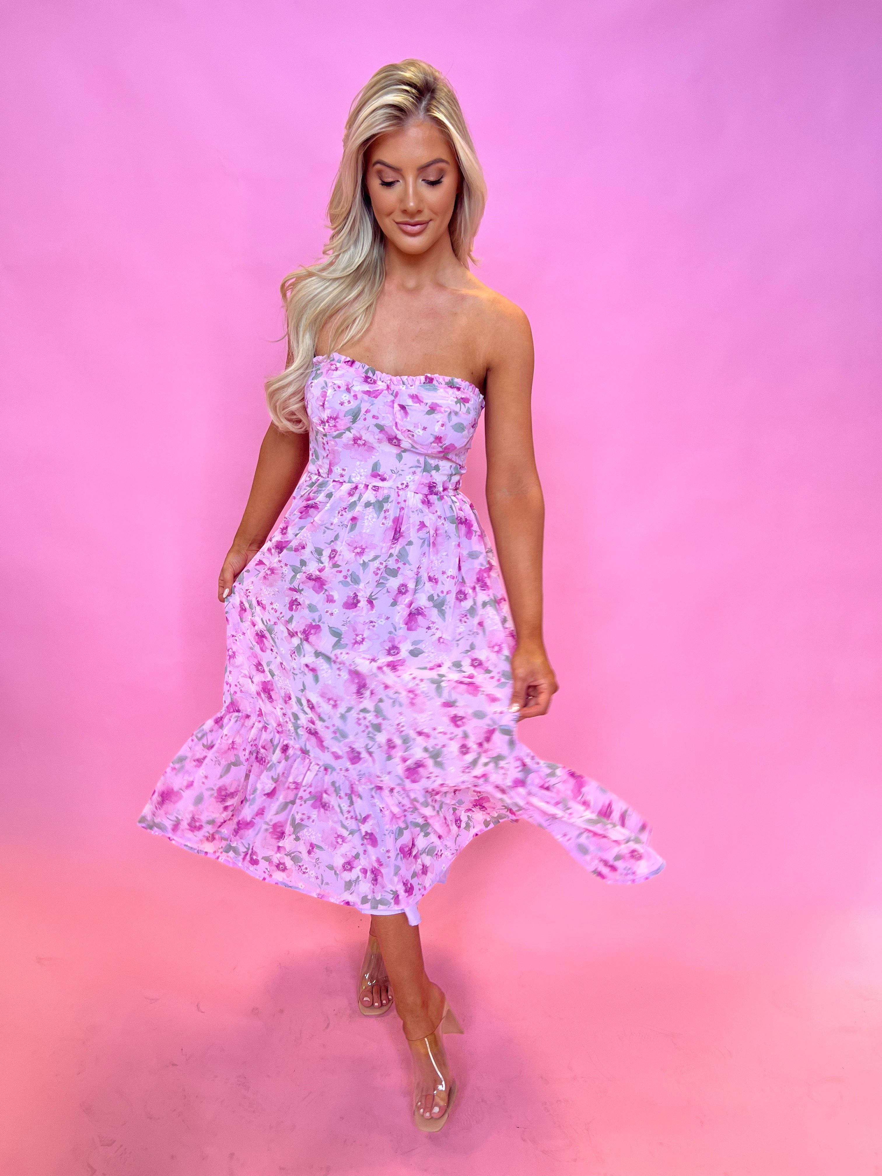 Sweetheart Midi Floral Dress- Magenta/Pink