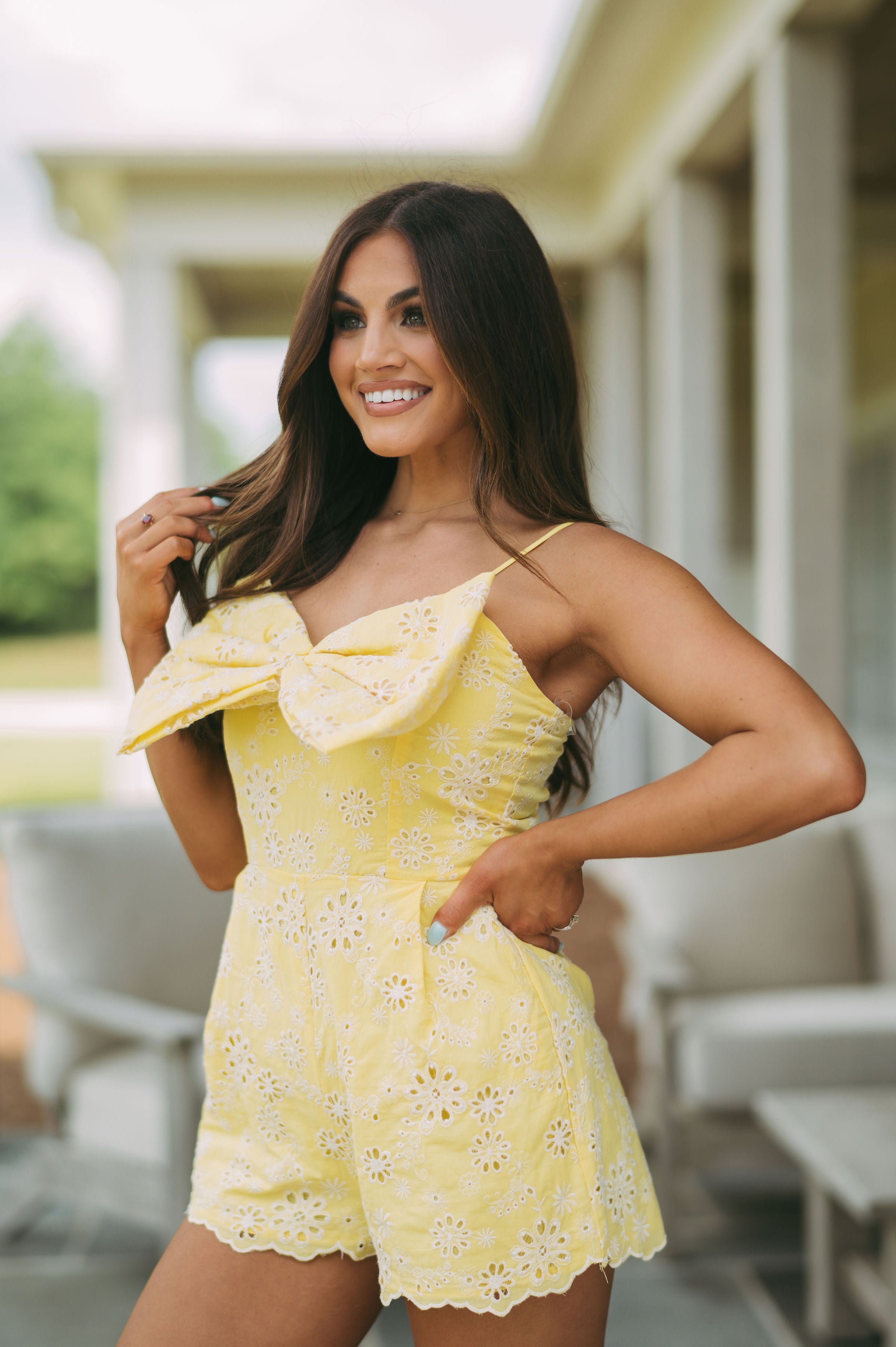 Mae Bow Accent Romper- Yellow