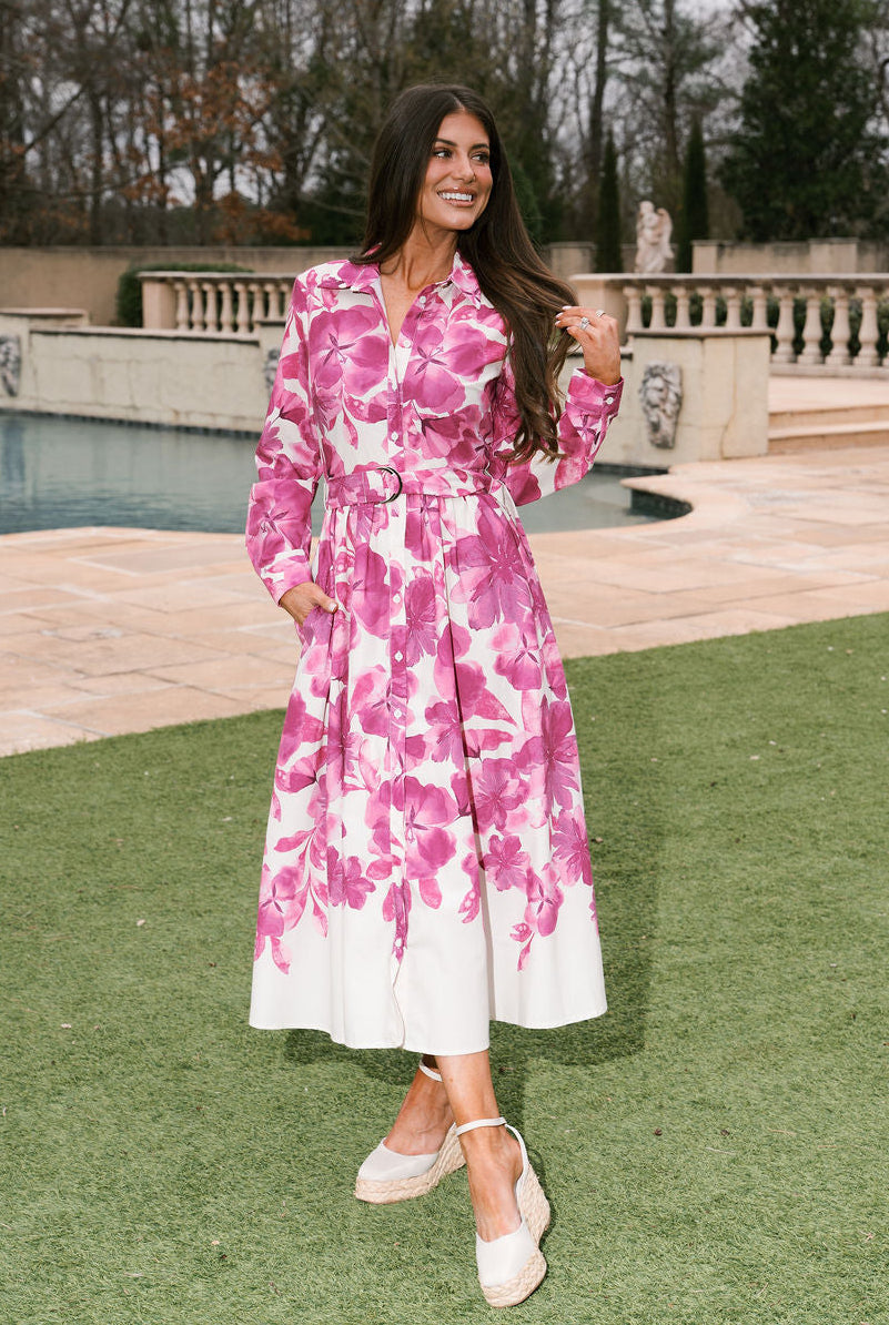 Isabella Floral Midi Dress-Ivory/Fuchsia