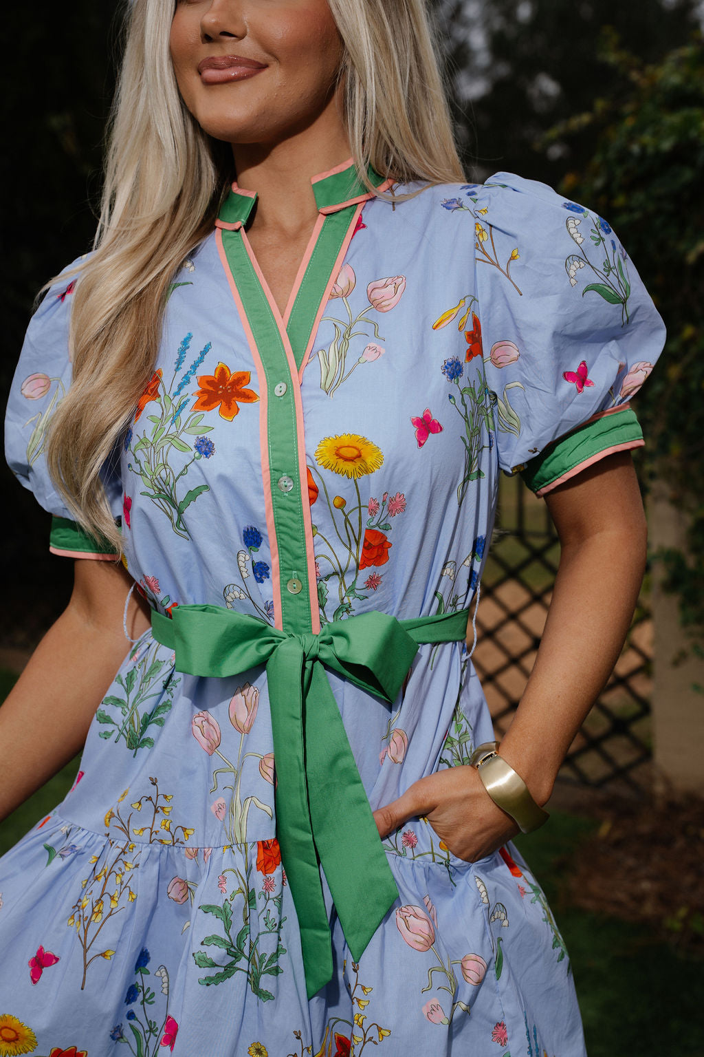 Floral Puff Sleeve Mini Dress-Blue