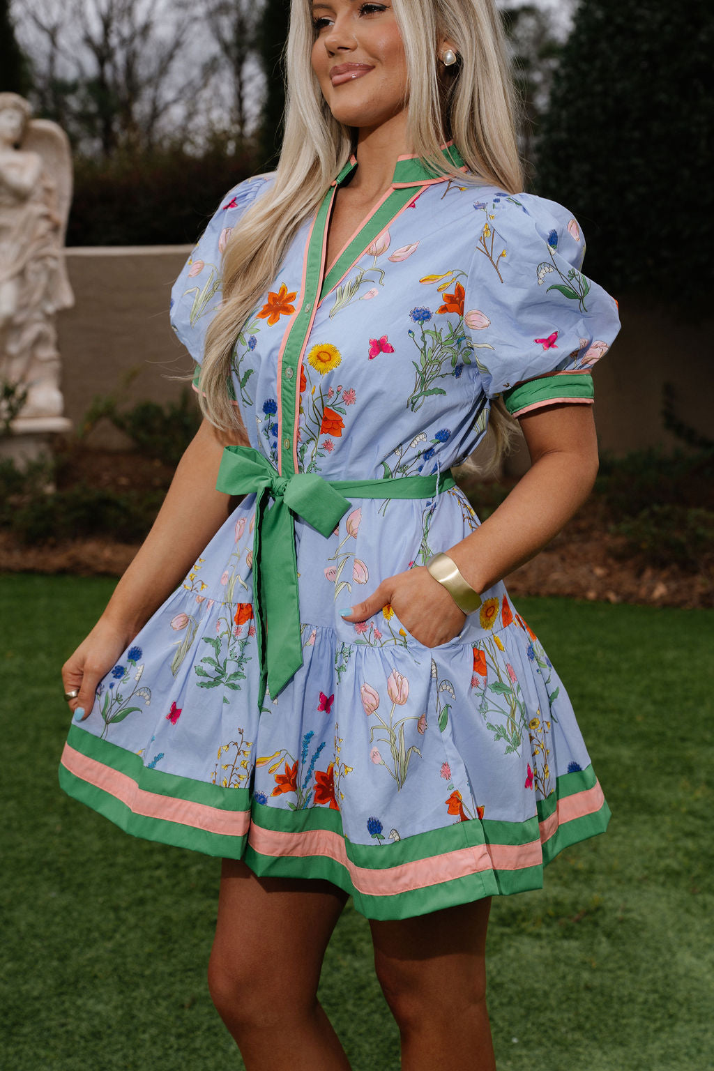 Floral Puff Sleeve Mini Dress-Blue