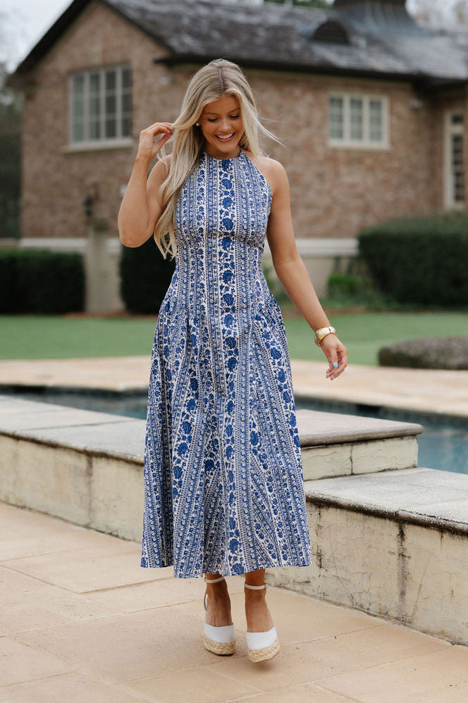 Mara Floral Midi Dress-Blue