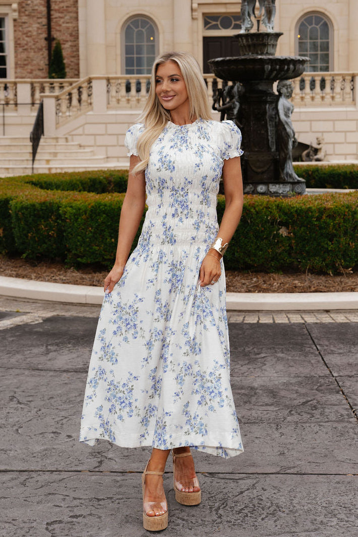 Laura Floral Midi Dress-Cream/Light Blue