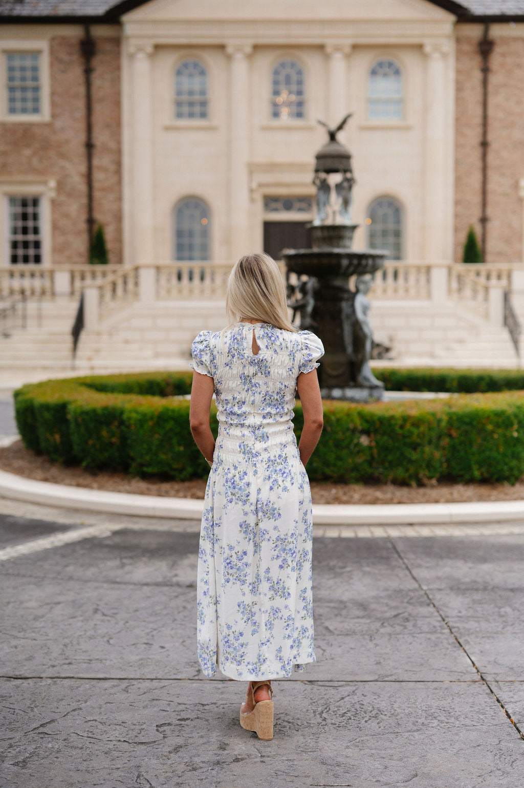 white christmas dresses Laura Floral Midi Dress-Cream/Light Blue