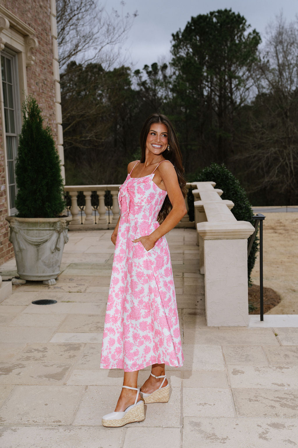 Oliver Floral Midi Dress-Pink/White