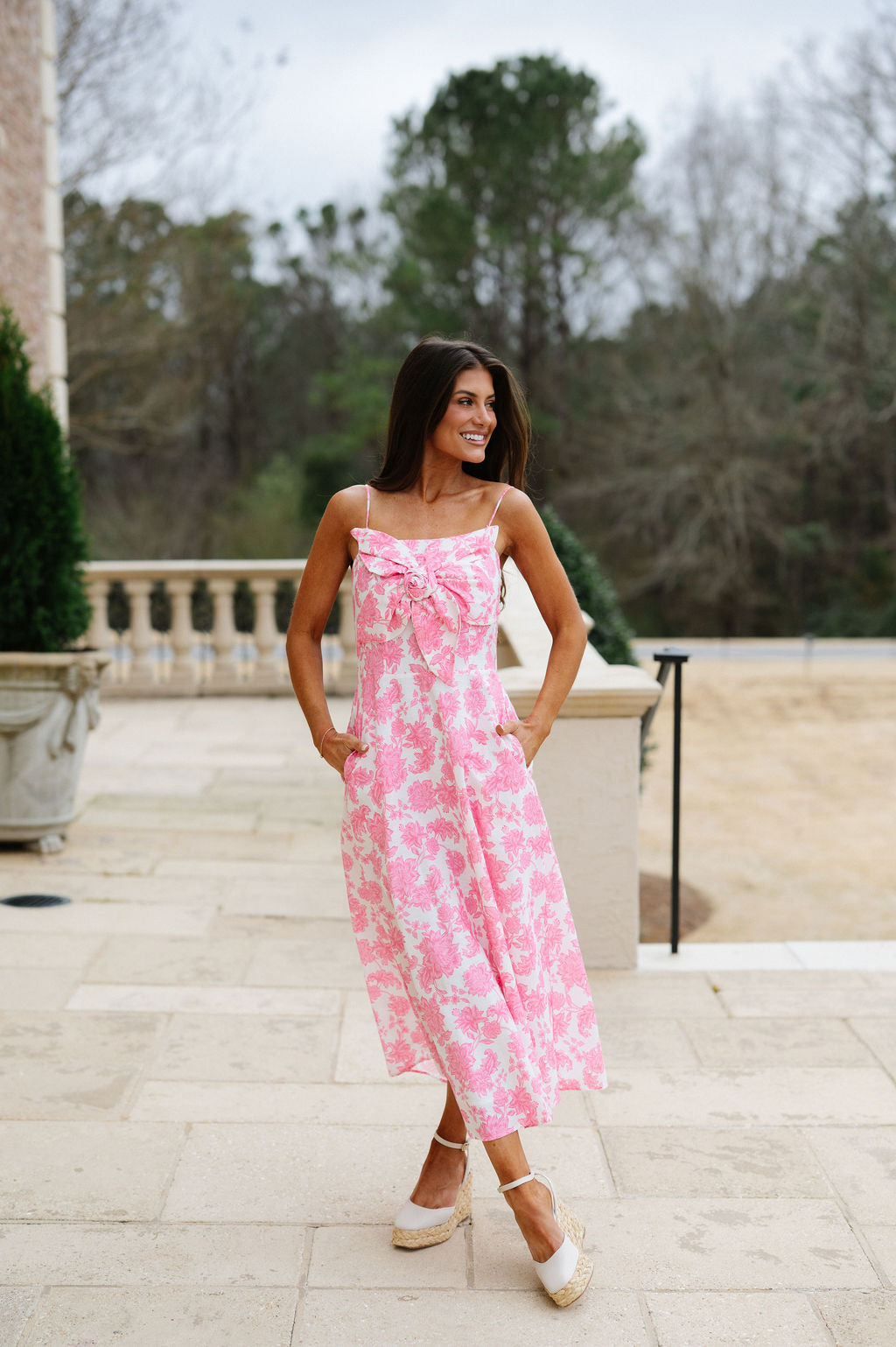 Oliver Floral Midi Dress-Pink/White