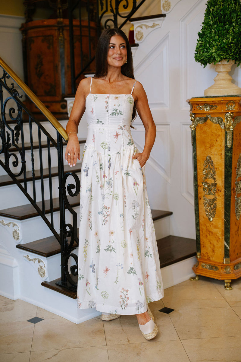 Floral Printed Drop Waist Dress-Cream L
