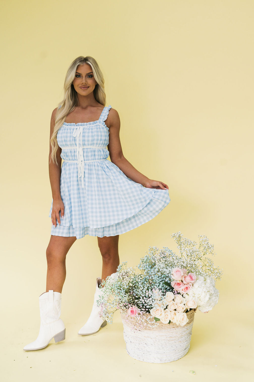 Gingham Tie Accented Dress-Blue