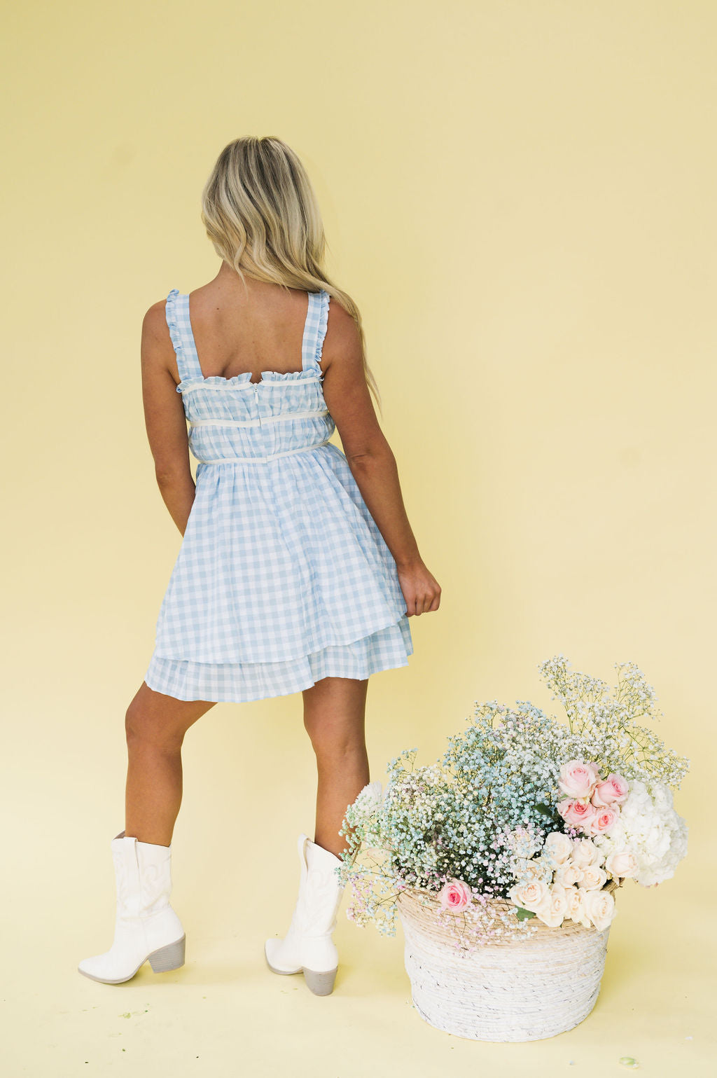 Gingham Tie Accented Dress-Blue