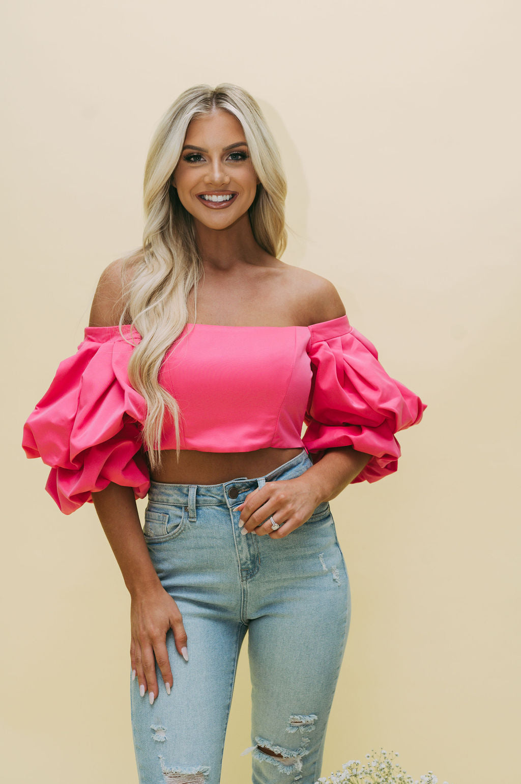 OTS Puff Sleeve Crop Top-Candy Pink