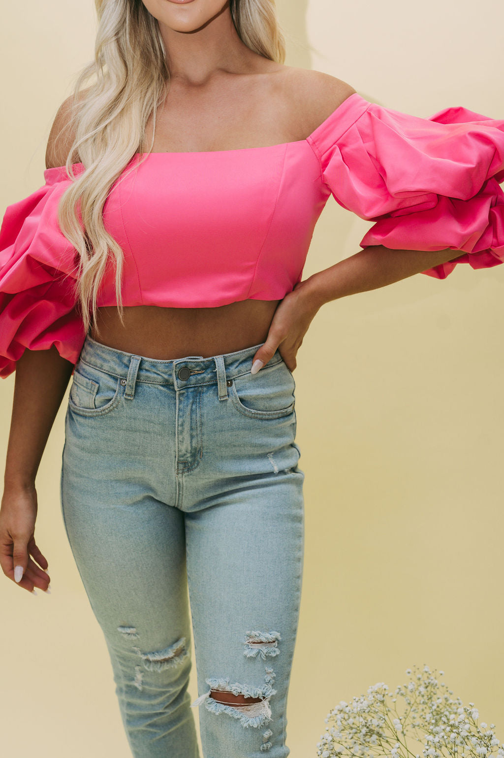 OTS Puff Sleeve Crop Top-Candy Pink