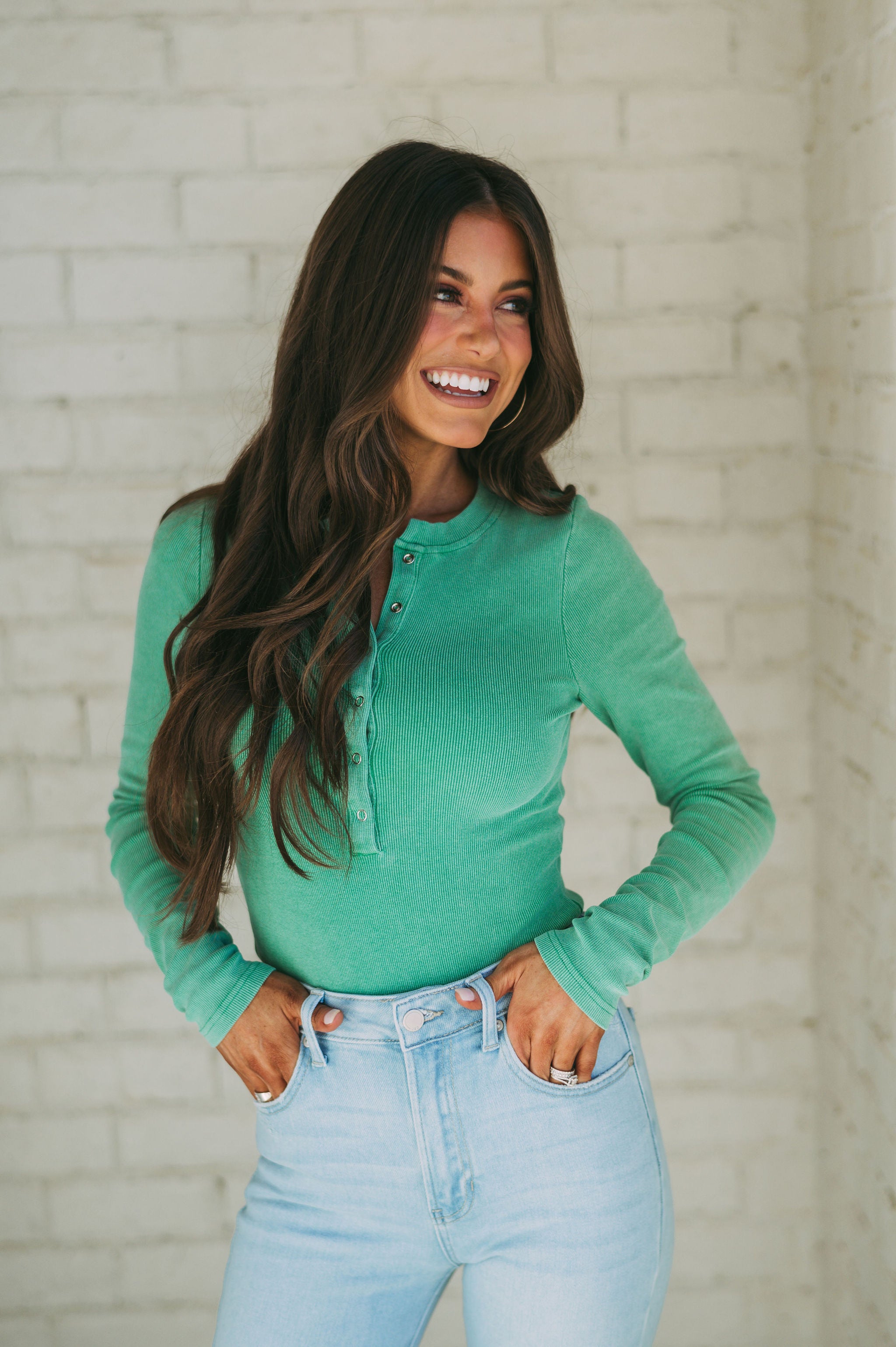 Mineral Washed Henley Bodysuit-Green